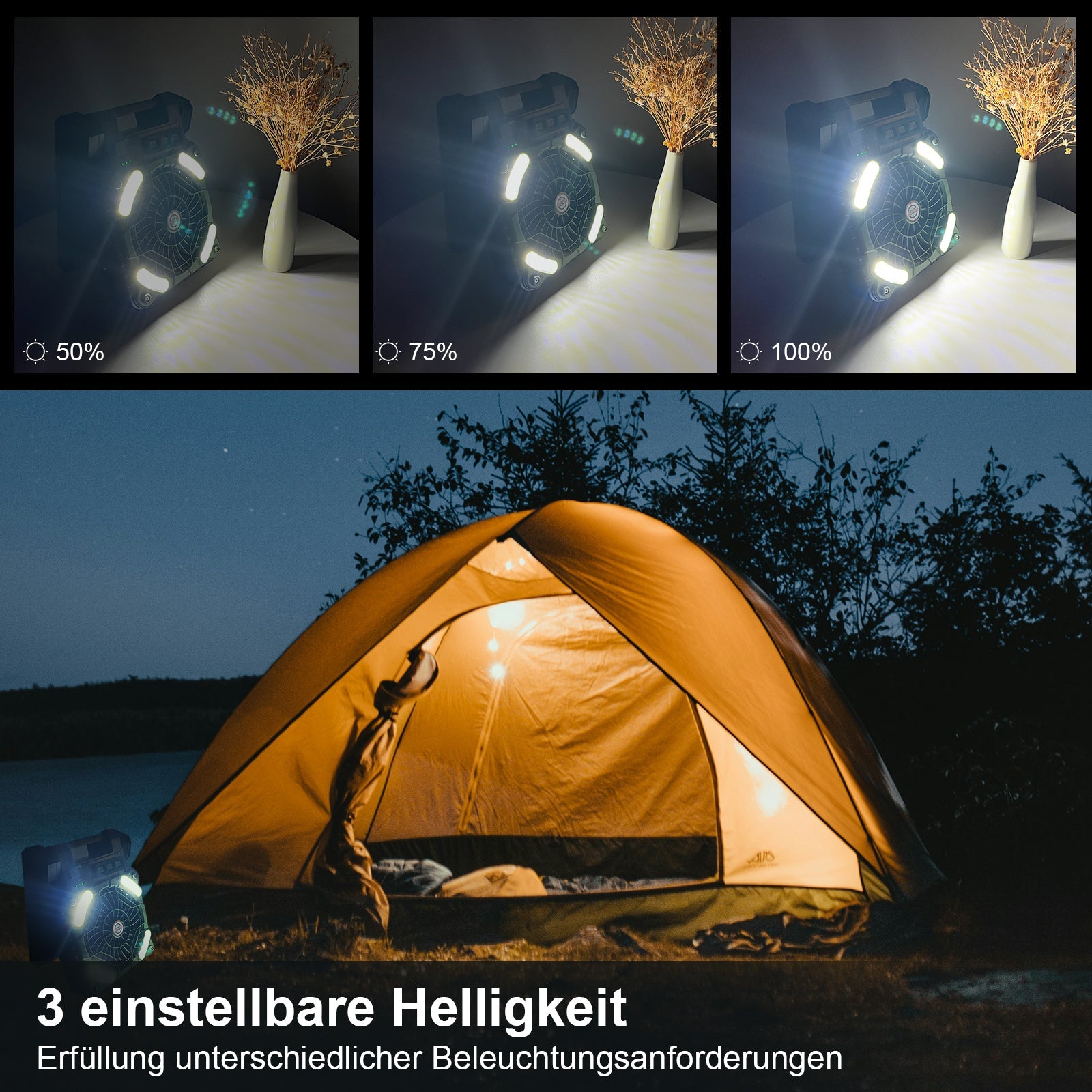 Tragbarer Solar Camping Ventilator LED Licht