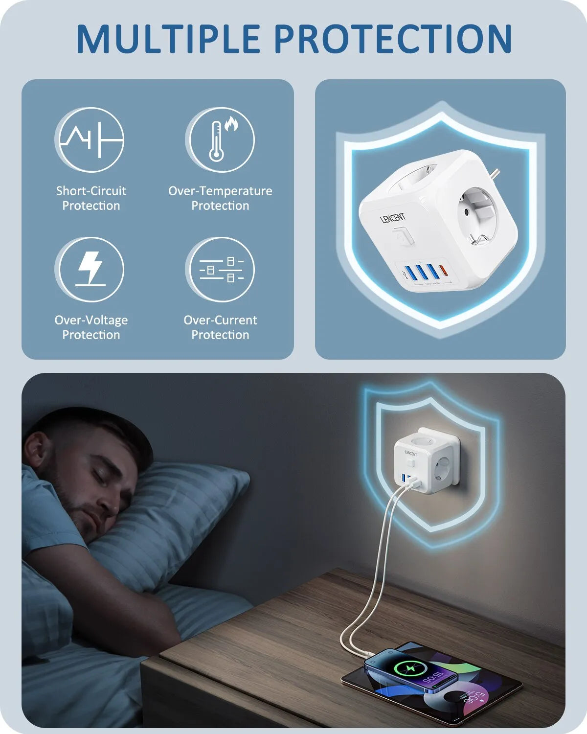 Zolara - 7-teiliger USB-Steckdosenverteiler mit Schalter - 3 Steckdosen, 3 USB-Anschlüsse und 1 Typ C